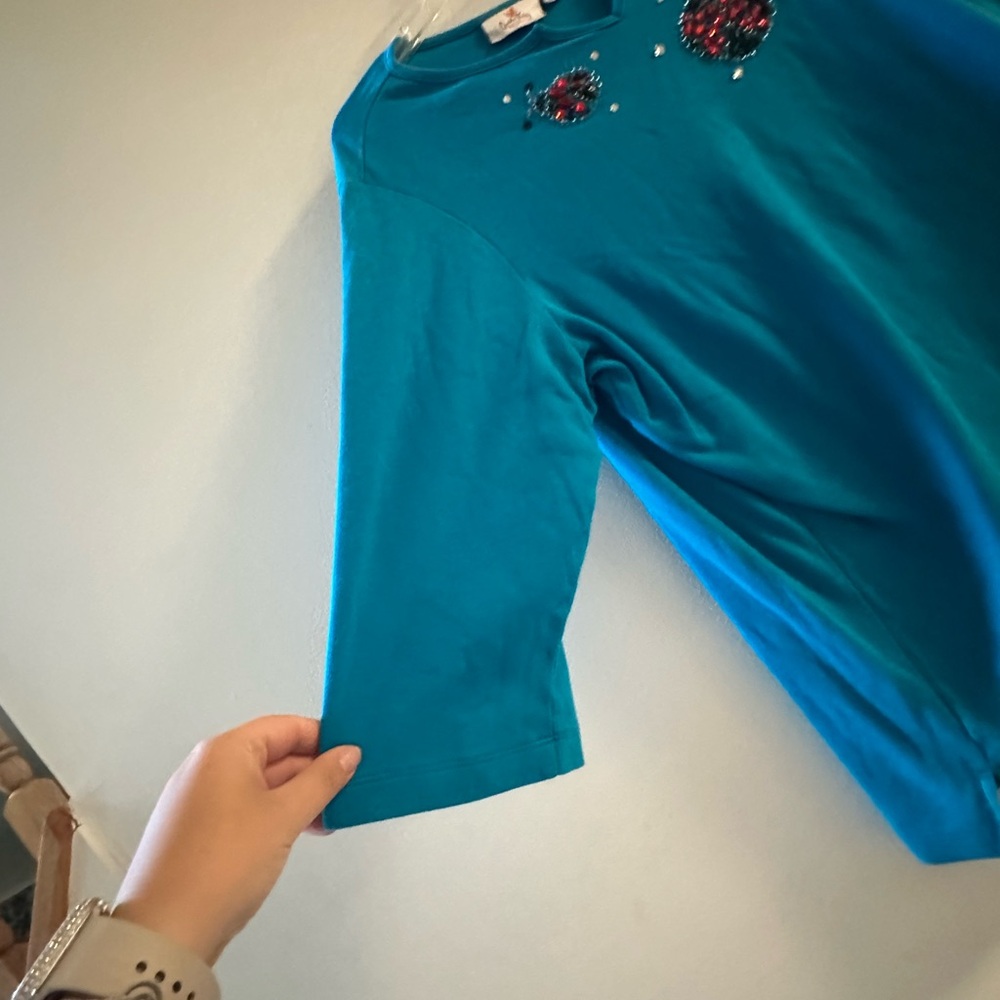 Quacker Factory Teal Top with Floral Embellishments - Picture 3 of 10